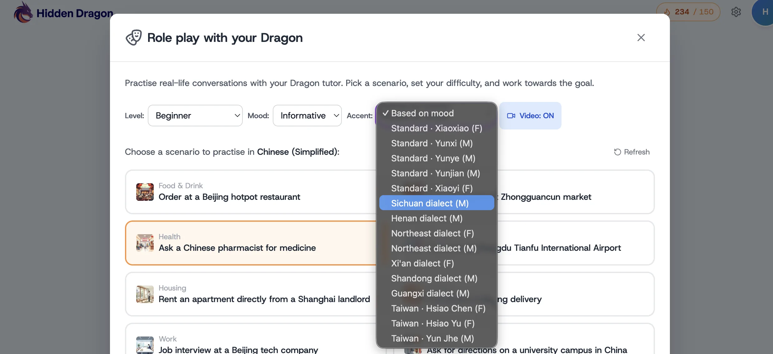 The Scenarios accent selector showing Sichuan, Dongbei, Taiwan, and other supported regional accents