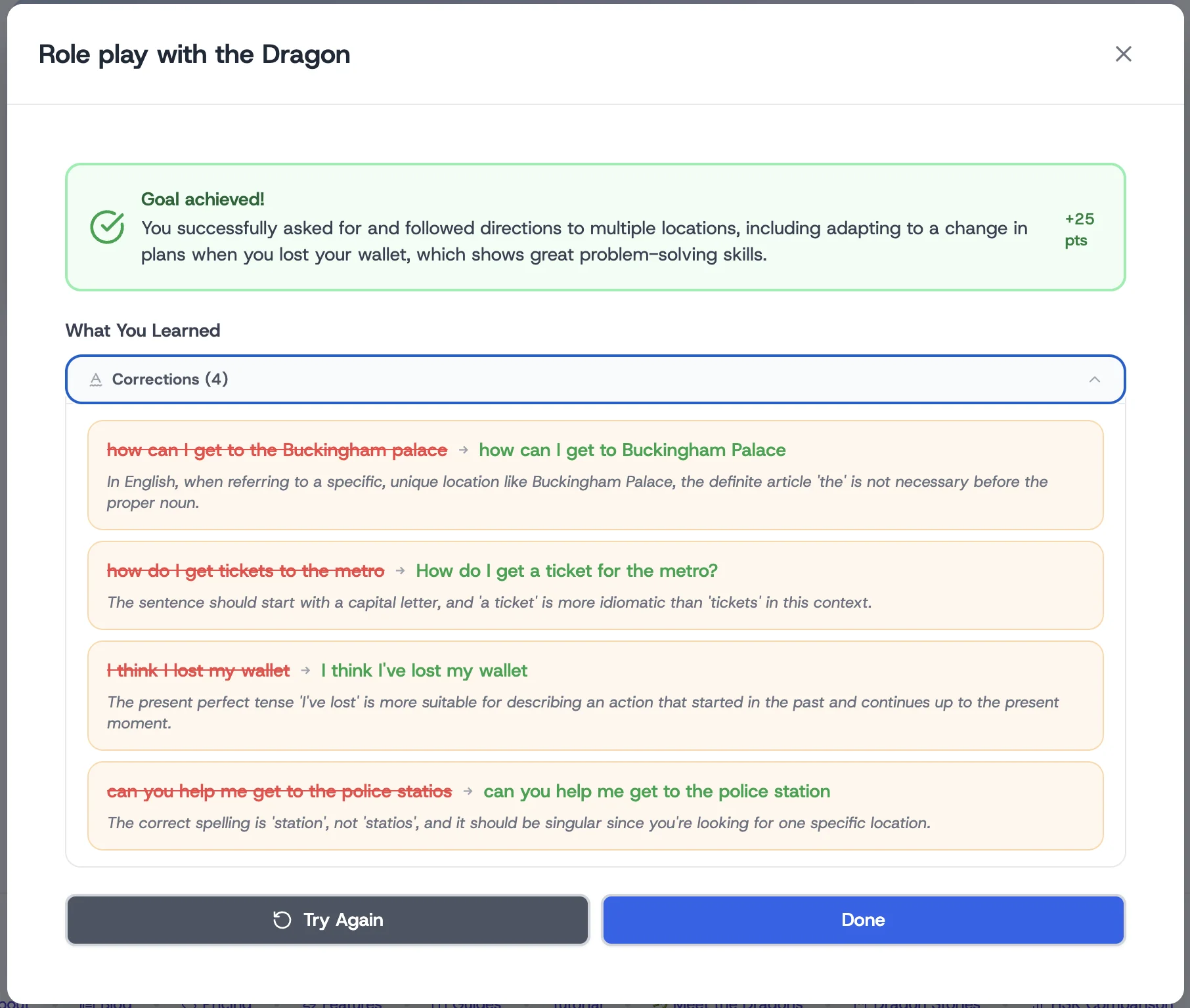 Corrections panel after a directions scenario in London — four mistakes caught, goal achieved, +25 points