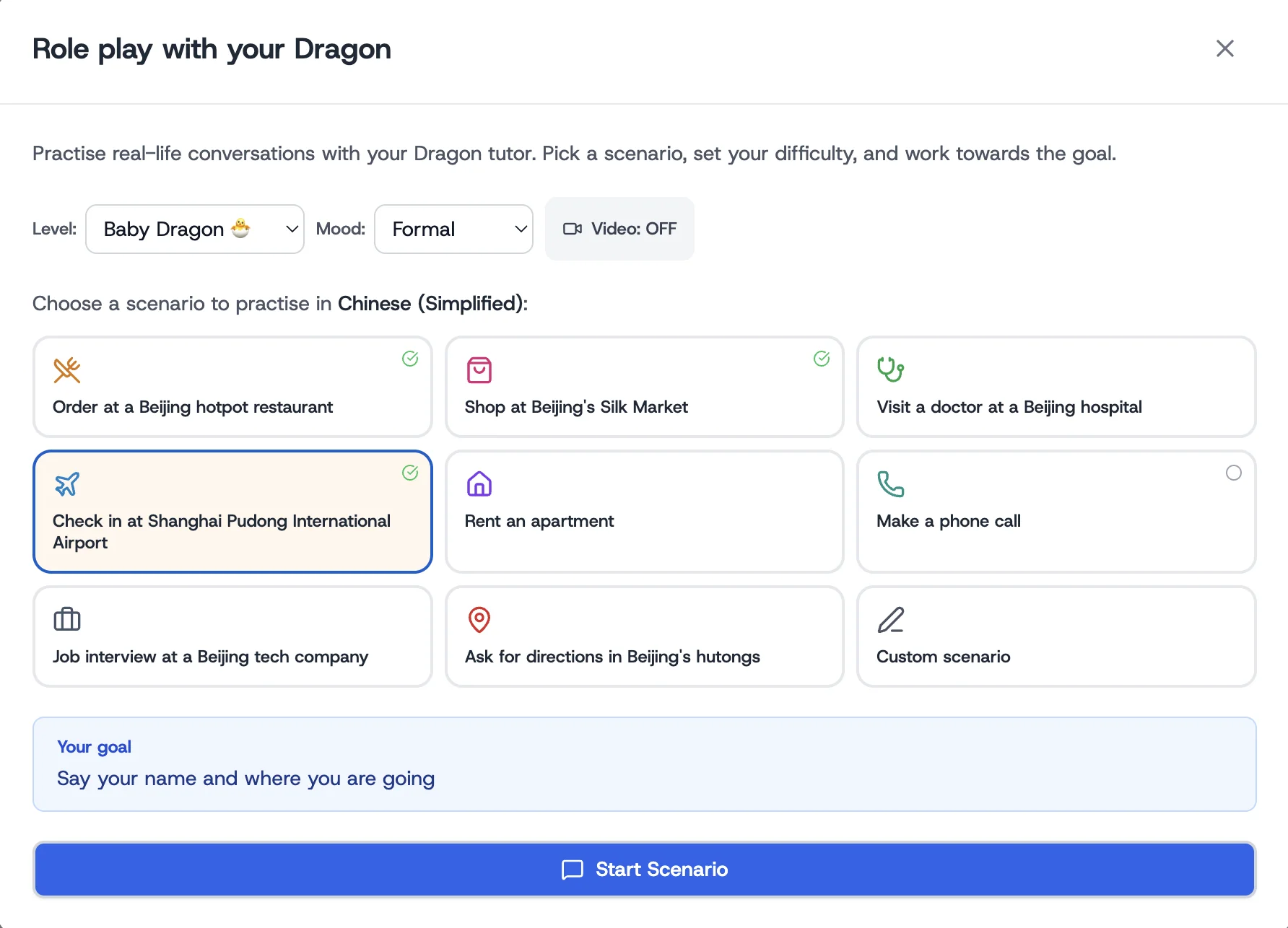 The scenario selection screen — nine built-in situations, difficulty picker, mood selector, and a goal preview before you start