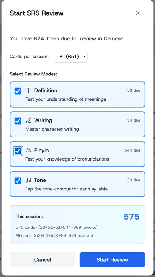 The Start SRS Review dialog: Definition, Writing, Pinyin, and Tone as separate checkboxes, each with its own due count (53, 54, 544, and 23)